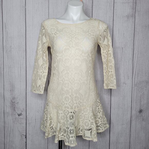 Free People Walking To The Sun Cream Lace Tunic Dress No Underlay Size 2 - Picture 1 of 8